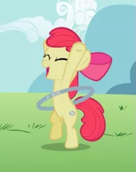 Size: 497x626 | Tagged: safe, derpibooru import, screencap, apple bloom, earth pony, pony, the cutie pox, bipedal, bow, cropped, eyes closed, female, filly, hair bow, happy, hooves in air, loop-de-hoop, open mouth, smiling, solo