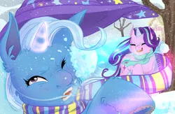 Size: 1024x666 | Tagged: safe, artist:ruthietammy, derpibooru import, starlight glimmer, trixie, pony, unicorn, blushing, boom headshot, cheek fluff, cheek squish, chest fluff, clothes, cute, derp, ear fluff, eyes closed, faic, female, fluffy, frown, glimmerbetes, glowing horn, hat, hoof fluff, horn, horseshoes, laughing, leg fluff, levitation, lidded eyes, magic, majestic as fuck, mare, nose wrinkle, one eye closed, open mouth, raised hoof, red nosed, scarf, shoulder fluff, smiling, snow, snowball, snowball fight, snowfall, squishy cheeks, telekinesis, throwing, tree, trixie's hat, underhoof, unshorn fetlocks, wink