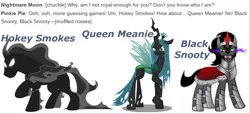 Size: 2880x1312 | Tagged: safe, derpibooru import, king sombra, pony of shadows, queen chrysalis, changeling, changeling queen, pony, unicorn, friendship is magic, antagonist, curved horn, female, foreshadowing, horn, implied nightmare moon, implied pinkie pie, looking at you, male, simple background, stallion, text, white background