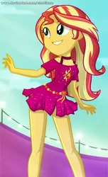 Size: 430x706 | Tagged: safe, artist:charliexe, derpibooru import, sunset shimmer, equestria girls, equestria girls series, spring breakdown, spoiler:eqg series (season 2), clothes, cute, dress, female, geode of empathy, legs, magical geodes, miniskirt, shimmerbetes, skirt, smiling, solo