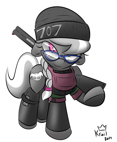 Size: 1300x1576 | Tagged: safe, artist:kingkrail, derpibooru import, silver spoon, pony, armor, beanie, clothes, cosplay, costume, dokkaebi, glasses, gun, hat, pose, rainbow six, rainbow six siege, solo, weapon