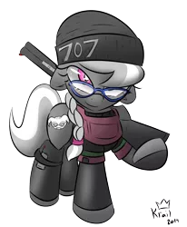 Size: 1300x1576 | Tagged: safe, artist:kingkrail, derpibooru import, silver spoon, pony, armor, beanie, clothes, cosplay, costume, dokkaebi, glasses, gun, hat, pose, rainbow six, rainbow six siege, solo, weapon