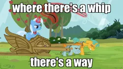 Size: 1440x815 | Tagged: safe, derpibooru import, edit, edited screencap, screencap, snails, snips, trixie, pony, unicorn, magic duel, 1980's, abuse, alicorn amulet, amulet, apple, apple tree, bucktooth, bullwhip, caption, chariot, child abuse, colt, don't trust wheels, eyes closed, female, foal, glowing horn, harness, horn, image macro, jewelry, lord of the rings, magic, magic abuse, magic aura, male, mare, pulling, rankin/bass, return of the king, slavery, straining, tack, telekinesis, text, tree, whip, whipping