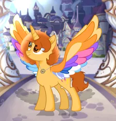 Size: 1590x1664 | Tagged: safe, artist:doraeartdreams-aspy, derpibooru import, oc, oc:aspen, alicorn, pony, rainbow roadtrip, alicorn oc, base used, colored wings, female, horn, mare, movie accurate, multicolored wings, rainbow, rainbow wings, solo, spread wings, wing bling, wings