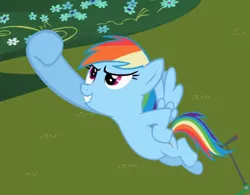 Size: 906x705 | Tagged: safe, derpibooru import, screencap, rainbow dash, pegasus, pony, the mysterious mare do well, cropped, female, flying, hoof in air, hooves on hips, image, mare, png, pose, rainbow dash is best pony, raised hoof, smiling, solo, spread wings, wings