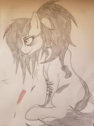 Size: 2378x3171 | Tagged: semi-grimdark, alternate version, artist:teardrop, derpibooru import, oc, oc:tetra, unofficial characters only, earth pony, pony, bleeding, blood, blushing, cut, dropping, female, hair tie, knife, long mane, long tail, mare, monochrome, paint (horse breed), ponytail, psycho, redraw, remake, remastered, shy, solo, spots, tail wrap, timid, traditional art, yandere, yandere mode
