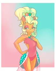 Size: 1024x1306 | Tagged: safe, artist:anvalina, derpibooru import, applejack, anthro, earth pony, simple ways, abstract background, alternate hairstyle, applejewel, bare shoulders, bedroom eyes, clothes, dress, female, hand on hip, leotard, lidded eyes, mare, no pupils, sexy, solo