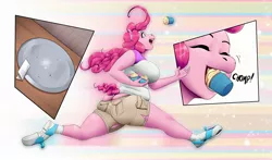 Size: 1280x753 | Tagged: suggestive, artist:amaraburrger, derpibooru import, pinkie pie, anthro, earth pony, plantigrade anthro, series:ill gotten (weight) gains, equestria girls, big breasts, breast expansion, breasts, busty pinkie pie, chubbie pie, chubby, clothes, comic, cupcake, eating, eyes closed, female, food, growth, human to anthro, mare, nail polish, plate, ripping clothes, running, shirt, shoes, shorts, simpsons did it, smiling, solo, the simpsons, toss, transformation, weight gain