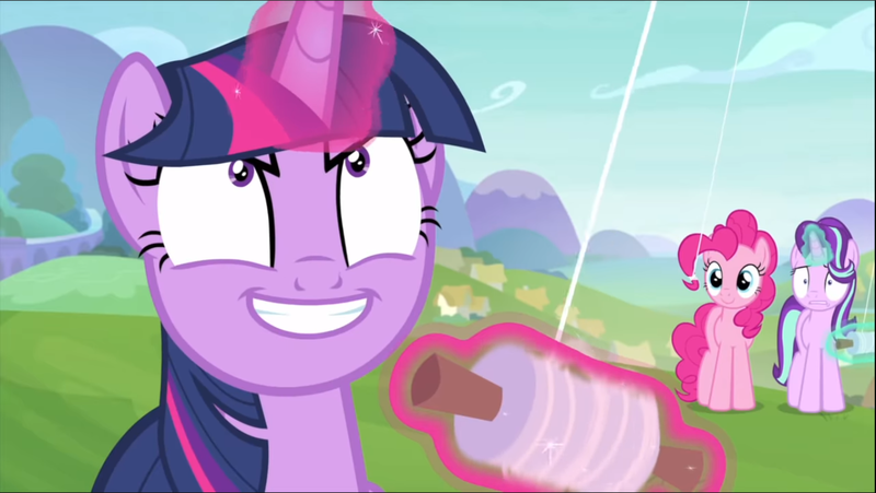 Size: 1367x770 | Tagged: safe, derpibooru import, screencap, pinkie pie, starlight glimmer, twilight sparkle, twilight sparkle (alicorn), alicorn, earth pony, pony, unicorn, starlight the hypnotist, spoiler:interseason shorts, evil grin, faic, female, glowing horn, grin, horn, kite, kite flying, levitation, magic, mare, smiling, telekinesis, twilight snapple, wide eyes