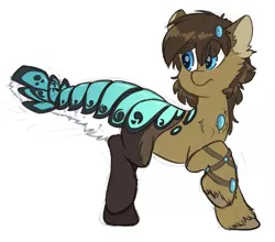 Size: 3487x3073 | Tagged: safe, artist:fluffyxai, derpibooru import, oc, oc:spirit wind, unofficial characters only, original species, pony, suisei pony, armband, armor, blushing, bracelet, cheek fluff, chest fluff, closed species, confused, ear fluff, fluffy, frown, gem, hair ornament, jewelry, leg fluff, lobster tail, looking back, male, raised hoof, raised leg, scales, simple background, solo, species swap, stallion, tail fluff, transformation, white background, wide eyes, worried