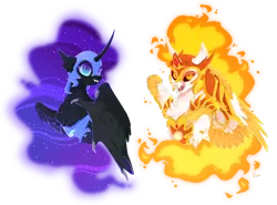 Size: 1338x991 | Tagged: dead source, safe, artist:rossignolet, derpibooru import, daybreaker, nightmare moon, alicorn, pony, bust, duo, ethereal mane, evil sisters, female, fluffy, mane of fire, mare, open mouth, simple background, starry mane, transparent background, two toned wings, wings