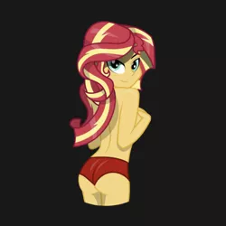 Size: 1126x1124 | Tagged: suggestive, artist:samoht-lion, derpibooru import, sunset shimmer, equestria girls, ass, bedroom eyes, breasts, bunset shimmer, butt, cheeky panties, clothes, covering, female, looking at you, looking back, looking back at you, looking over shoulder, panties, partial nudity, pinup, red underwear, sexy, sideboob, smiling, solo, solo female, stupid sexy sunset shimmer, teasing, topless, underwear