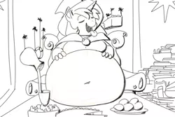 Size: 1200x800 | Tagged: safe, artist:goat train, deleted from derpibooru, derpibooru import, oc, oc:star bright, anthro, pony, banner, belly, belly button, bhm, big belly, cake, chubby, cosmic wizard, dishes, eating, fat, fat fetish, feast, fetish, food, giant pony, gut rest, hat, huge belly, macro, macro/micro, micro, moobs, morbidly obese, obese, overeating, overweight, rolls, salad, servants, serving, throne, tiny, tiny ponies, wizard, wizard hat, wizard robe