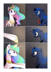 Size: 1024x1449 | Tagged: safe, artist:gashiboka, derpibooru import, princess celestia, princess luna, alicorn, pony, comic:scar of solar, book, comic, comics, cute, cutelestia, diary, duo, eye contact, female, floppy ears, frown, gritted teeth, hooves out, hooves up, horn, hug request, incoming hug, jewelry, lidded eyes, looking at each other, lunabetes, mare, outstretched arms, raised hoof, reaching out, regalia, royal sisters, sad, smiling, wings