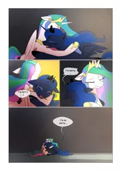 Size: 1024x1449 | Tagged: safe, artist:gashiboka, derpibooru import, princess celestia, princess luna, alicorn, pony, comic:scar of solar, comic, crying, duo, eyes closed, horn, hug, jewelry, regalia, royal sisters, sisterly love, speech bubble, wings