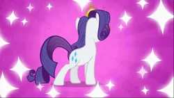 Size: 1668x939 | Tagged: safe, derpibooru import, screencap, rarity, pony, unicorn, sweet and elite, becoming popular, cutie mark, female, jewelry, mare, pose, purple background, rear view, simple background, solo, tiara