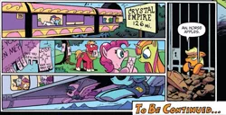 Size: 775x397 | Tagged: safe, artist:andypriceart, derpibooru import, idw, apple bloom, applejack, big macintosh, pinkie pie, rainbow dash, rarity, scootaloo, spike, sweetcream scoops, sweetie belle, zecora, earth pony, pegasus, pony, unicorn, zebra, spoiler:comic, spoiler:comic75, applejack's hat, background pony, book, cage, clothes, cowboy hat, cutie mark, cutie mark crusaders, eyes closed, female, filly, floppy ears, flying, freckles, frown, hat, hoof hold, jail, keyhole, leaning, lidded eyes, male, mare, missing accessory, mouth hold, onomatopoeia, open mouth, plane, pointing, poster, raised eyebrow, reading, sign, sleeping, sound effects, speech bubble, spread wings, stallion, stuck, sunglasses, train, unamused, underhoof, uniform, wat, wide eyes, window, wings, zzz