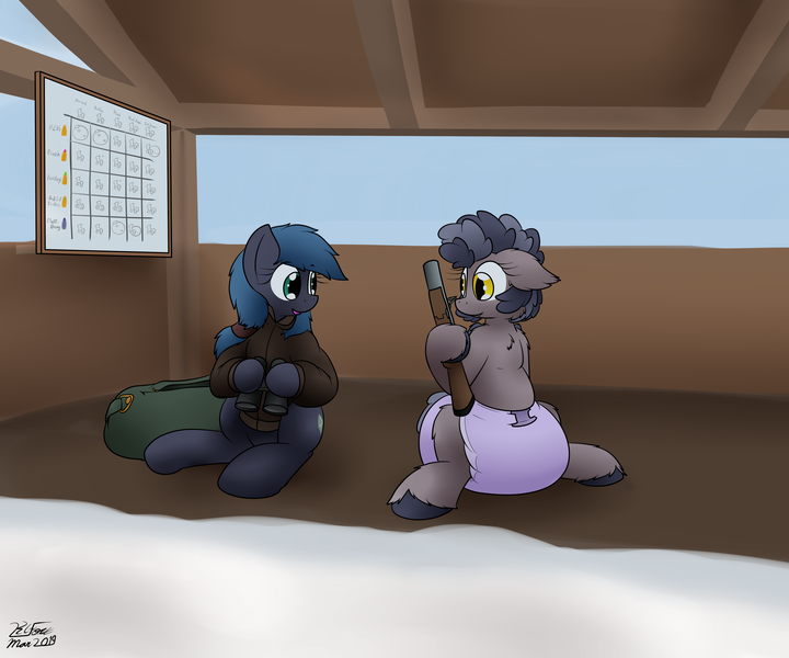 Size: 3600x3000 | Tagged: safe, artist:the-furry-railfan, derpibooru import, oc, oc:night strike, oc:plinkie poi, unofficial characters only, bat pony, inflatable pony, pegasus, pony, bat pony oc, bat wings, binoculars, chart, clothes, diaper, diaper fetish, duffle bag, fetish, grenade launcher, inflatable, inflation, jacket, m79, poofy diaper, shelter, shooting range, snow, story included, unshorn fetlocks, wings