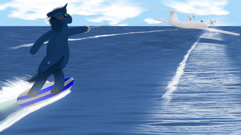 Size: 1920x1080 | Tagged: safe, artist:totallynotanoob, derpibooru import, oc, oc:blue zenith, unofficial characters only, pony, ekranoplan, ocean, plane, water skiing