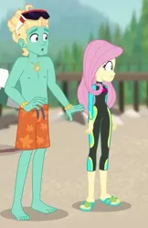 Size: 410x634 | Tagged: safe, derpibooru import, screencap, fluttershy, zephyr breeze, blue crushed, equestria girls, equestria girls series, arms, bare chest, barefoot, clothes, cropped, feet, flip-flops, male, male feet, sandals, shorts, sunglasses, swimming trunks, toes, wetsuit, zephyr's necklace