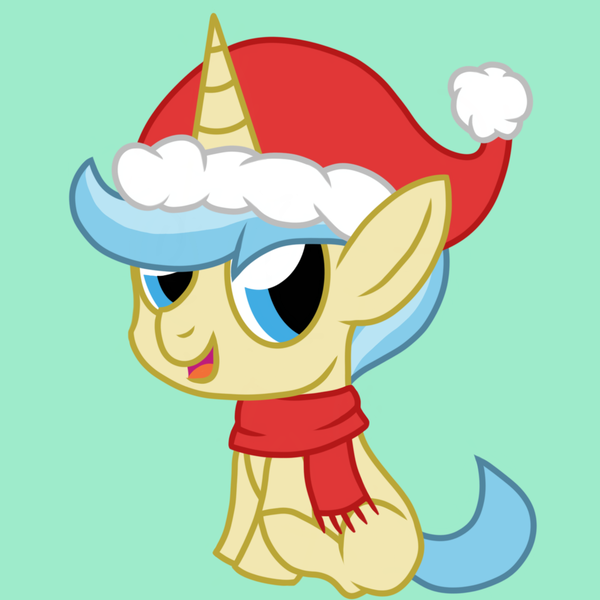 Size: 1080x1080 | Tagged: safe, artist:showtimeandcoal, derpibooru import, oc, oc:blank slate, unofficial characters only, pony, unicorn, chibi, christmas, clothes, colt, cute, hat, holiday, male, present, santa hat, scarf, simple background, solo, stallion, winter time