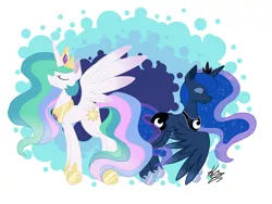 Size: 2048x1536 | Tagged: safe, artist:bubowl, derpibooru import, princess celestia, princess luna, alicorn, pony, abstract background, cutie mark, duo, ethereal mane, eyes closed, female, jewelry, mare, regalia, royal sisters, siblings, sidemouth, sisters, smiling, spread wings, starry mane, wings