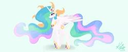 Size: 2450x1000 | Tagged: safe, artist:bubowl, derpibooru import, princess celestia, alicorn, pony, cutie mark, cutie mark background, ethereal mane, female, jewelry, mare, raised hoof, regalia, sidemouth, solo, spread wings, starry mane, wings