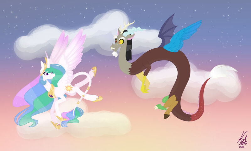 Size: 1023x614 | Tagged: safe, artist:bubowl, derpibooru import, discord, princess celestia, alicorn, draconequus, pony, cloud, colored wings, colored wingtips, curved horn, cutie mark, dislestia, evening, female, flying, horn, jewelry, leonine tail, male, mare, regalia, shipping, sky, smiling, stars, straight, tail jewelry, wings