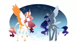 Size: 5000x3000 | Tagged: safe, artist:bubowl, derpibooru import, princess celestia, princess luna, alicorn, pony, alternate design, constellation, curved horn, cutie mark, duo, ethereal mane, female, horn, jewelry, leonine tail, looking at you, mare, raised hoof, redesign, regalia, royal sisters, siblings, simple background, sisters, smiling, spread wings, starry mane, stars, tail jewelry, white background, wings