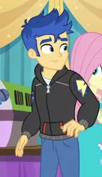 Size: 626x1077 | Tagged: safe, derpibooru import, screencap, flash sentry, fluttershy, best in show: the pre-show, equestria girls, equestria girls series, spoiler:eqg series (season 2), clothes, cutie mark, cutie mark on clothes, female, hoodie, male, offscreen character, pants