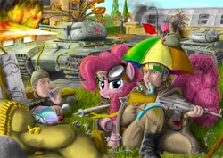 Size: 3508x2480 | Tagged: arrow in the knee, artist:laaseensld, cyrillic, dead source, derpibooru import, flamethrower, gun, hat, human, kv-8, pinkie pie, princess celestia, russian, safe, silly, soldier, tank (vehicle), umbrella hat, war, weapon, world war ii