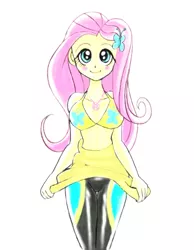 Size: 595x766 | Tagged: safe, artist:zimoguri, derpibooru import, fluttershy, bat pony, equestria girls, adorasexy, bikini, breasts, busty fluttershy, clothes, cute, female, flutterbat, geode of fauna, looking at you, magical geodes, pixiv, race swap, sexy, shyabetes, simple background, smiling, solo, swimsuit, undressing, wetsuit, white background, yellow swimsuit