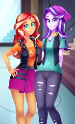 Size: 1255x2048 | Tagged: safe, artist:scarlet-spectrum, derpibooru import, starlight glimmer, sunset shimmer, equestria girls, equestria girls series, mirror magic, spoiler:eqg specials, beanie, beautiful, clothes, cute, female, hat, legs, looking at you, miniskirt, pants, ripped pants, shirt, side hug, skirt, smiling, vest