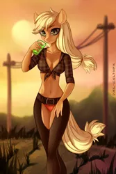Size: 866x1300 | Tagged: suggestive, artist:pink-pinktooth, derpibooru import, applejack, anthro, earth pony, absolute cleavage, belly button, breasts, chaps, cleavage, clothes, cup, drink, drinking, female, freckles, front knot midriff, mare, midriff, orange underwear, panties, red underwear, solo, solo female, underwear