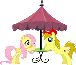 Size: 1875x1610 | Tagged: safe, artist:chipmagnum, derpibooru import, fluttershy, oc, earth pony, pony, canon x oc, female, male, simple background, stallion, straight, table, transparent background, umbrella