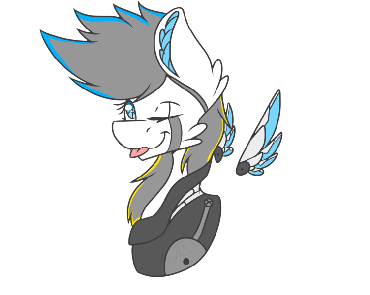 Size: 3507x2800 | Tagged: safe, artist:chazmazda, derpibooru import, oc, oc:stormy sky, cyborg, pony, :p, bust, cyberpunk, floating wings, one eye closed, silly, simple background, tongue out, transparent background, wings, wink