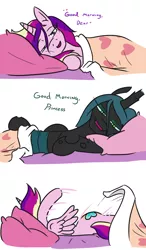 Size: 784x1340 | Tagged: safe, artist:jargon scott, derpibooru import, princess cadance, queen chrysalis, alicorn, changeling, changeling queen, pony, bed, bed mane, bedroom eyes, blanket, comic, dialogue, duo, eye contact, falling, fangs, female, female pov, heart, lidded eyes, looking at each other, looking at you, mare, messy mane, missing accessory, offscreen character, one eye closed, pillow, pov, rolling, side, simple background, sleepy, smiling, smirk, surprised, waking up, wat, white background, wink