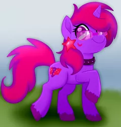 Size: 1222x1280 | Tagged: safe, artist:lulu, derpibooru import, oc, oc:night glimmer, unofficial characters only, pony, unicorn, blurred background, collar, cutie mark, ear piercing, earring, female, jewelry, looking at you, mare, piercing, solo, unshorn fetlocks