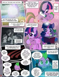 Size: 1275x1650 | Tagged: safe, artist:dsana, derpibooru import, spike, twilight sparkle, dragon, pony, unicorn, comic:the shadow shard, baby, baby bottle, baby dragon, book, comic, crying, dialogue, egg, female, filly, filly twilight sparkle, flashback, magic, male, mama twilight, milk, offscreen character, reading, scolding, spike's egg, unicorn twilight, younger