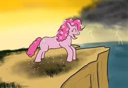 Size: 1300x900 | Tagged: safe, artist:horsesplease, derpibooru import, pinkie pie, dryad, pony, cherry blossoms, cliff, flower, flower blossom, flower in hair, happy, laughing, ocean, paint tool sai, sakura pie, smiling, storm