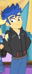 Size: 312x716 | Tagged: safe, derpibooru import, screencap, applejack, flash sentry, best in show: the pre-show, equestria girls, equestria girls series, spoiler:eqg series (season 2), arm behind back, clothes, cropped, hoodie, male, offscreen character, pants