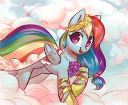 Size: 3202x2644 | Tagged: safe, artist:mirroredsea, derpibooru import, rainbow dash, pegasus, pony, the best night ever, clothes, cloud, commission, commissioner:ajnrules, cute, dashabetes, dress, female, gala dress, jewelry, looking at you, mare, necklace, on a cloud, open mouth, rainbow dash always dresses in style, sky, smiling, solo, standing on cloud