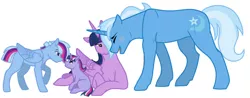 Size: 991x390 | Tagged: safe, artist:missxxfofa123, derpibooru import, trixie, twilight sparkle, twilight sparkle (alicorn), oc, oc:comet spark, oc:comet sparks, oc:star galaxy, alicorn, pegasus, pony, unicorn, eye contact, family, female, foal, lesbian, looking at each other, magical lesbian spawn, male, mare, offspring, parent:trixie, parent:twilight sparkle, parents:twixie, rule 63, shipping, siblings, stallion, straight, tristan, twixie