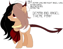 Size: 504x394 | Tagged: safe, artist:cosmic-wonders, artist:selenaede, derpibooru import, oc, oc:alice moon, unofficial characters only, demon, demon pony, hybrid, original species, pony, angel, base used, bat wings, black sclera, colored sclera, devil horns, female, halo, horns, hybrid wings, jewelry, mare, necklace, raised hoof, simple background, solo, transparent background, wings