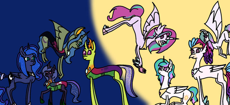 Size: 1280x587 | Tagged: artist:hiddennextgens, changedling, changeling, changepony, derpibooru import, family, female, hybrid, interspecies, interspecies offspring, king thorax, lesbian, magical lesbian spawn, male, my little pony: the movie, novolestia, offspring, parent:princess celestia, parent:princess luna, parent:queen novo, parents:novolestia, parents:thuna, parent:thorax, princess celestia, princess luna, queen novo, safe, shipping, straight, thorax, thuna