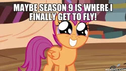 Size: 600x337 | Tagged: caption, cute, cutealoo, derpibooru import, edit, edited screencap, exploitable meme, golden oaks library, hilarious in hindsight, image macro, impact font, meme, nope sorry, old meme, sad, safe, scootaloo, screencap, season 9, spoiler:s09, text, twilight time, wishful thinking