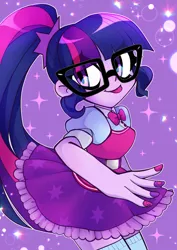 Size: 990x1400 | Tagged: safe, artist:techycutie, derpibooru import, sci-twi, twilight sparkle, human, equestria girls, clothes, cute, female, glasses, nail polish, ponytail, skirt, socks, solo, sparkles, thigh highs, tongue out, twiabetes