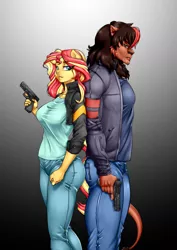 Size: 1200x1694 | Tagged: anthro, anthro oc, artist:pia-sama, big cat, blitzshimmer, clothes, commission, cover art, derpibooru import, equestria girls outfit, equestria's hired help, fanfic, female, furry, glock, glock 17, gun, handgun, jacket, leather jacket, lion, m1911, mare, mercenaries, mercenary, non-mlp oc, oc, oc:blitz, oc:blitz ranger, pants, pistol, safe, shirt, sig sauer 1911, sunset shimmer, weapon