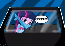 Size: 1170x825 | Tagged: safe, artist:gaggeddude32, derpibooru import, twilight sparkle, twilight sparkle (alicorn), alicorn, equestria girls, car, cloth gag, damsel in distress, female, gag, kidnapped, scared, why