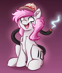 Size: 3300x3900 | Tagged: safe, artist:witchtaunter, derpibooru import, oc, oc:rokii, unofficial characters only, earth pony, pony, cap, commission, electricity, happy, hat, open mouth, sitting, wires